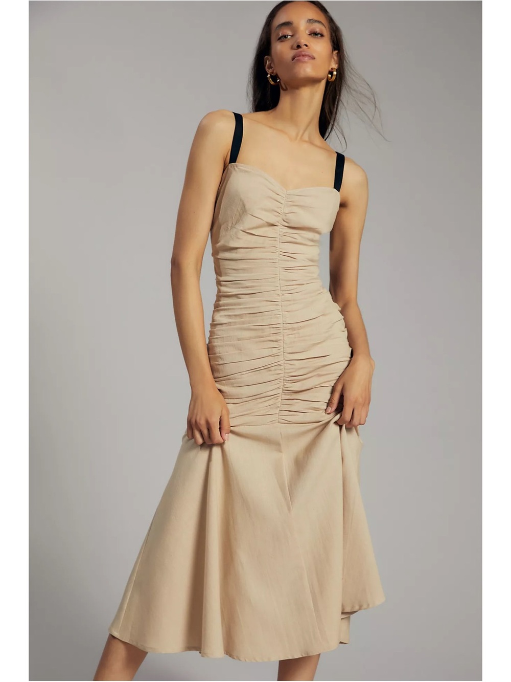 Anthropologie Atsu Summer Ruched Midi Dress - Linen Blend Beige